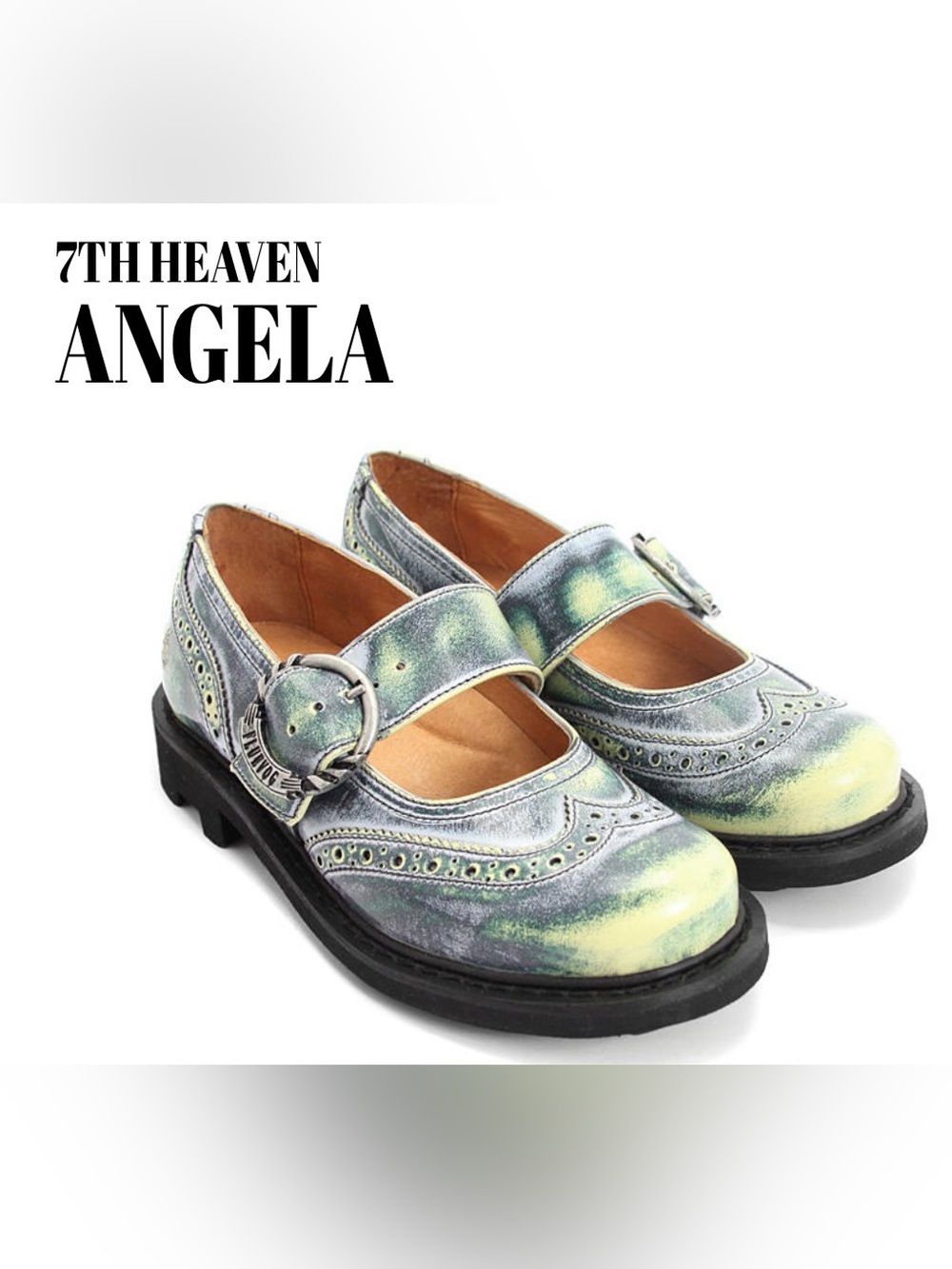 Fluevog EXCELLENT 7th Heaven Angels acid green rub-off chunky MJ -8 (fits 7.5)